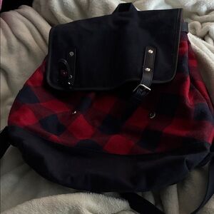 Lands' End Red and Black Plaid Backpack